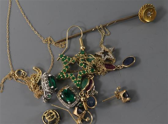 Two small 14ct gold and diamond pendant necklaces, a 14ct gold and emerald star pendant, three pairs of ear studs and a stick pin.